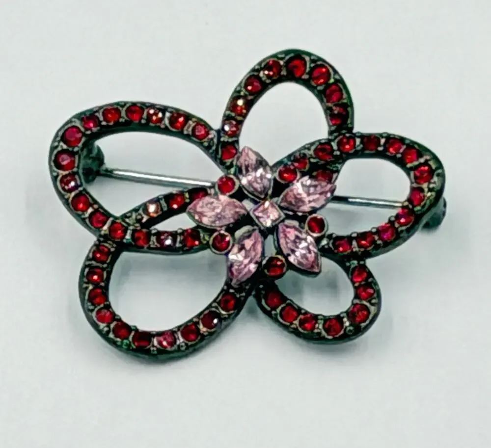 Vintage GIVENCHY Pink Looping Flower Rhinestone Gunmetal Tone Brooch